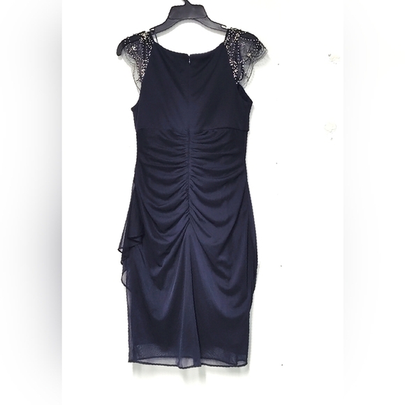 Navy Blue Cocktail Dress with Beaded Illusion Neckline – Elegant Party or Formal - Picture 2 of 6
